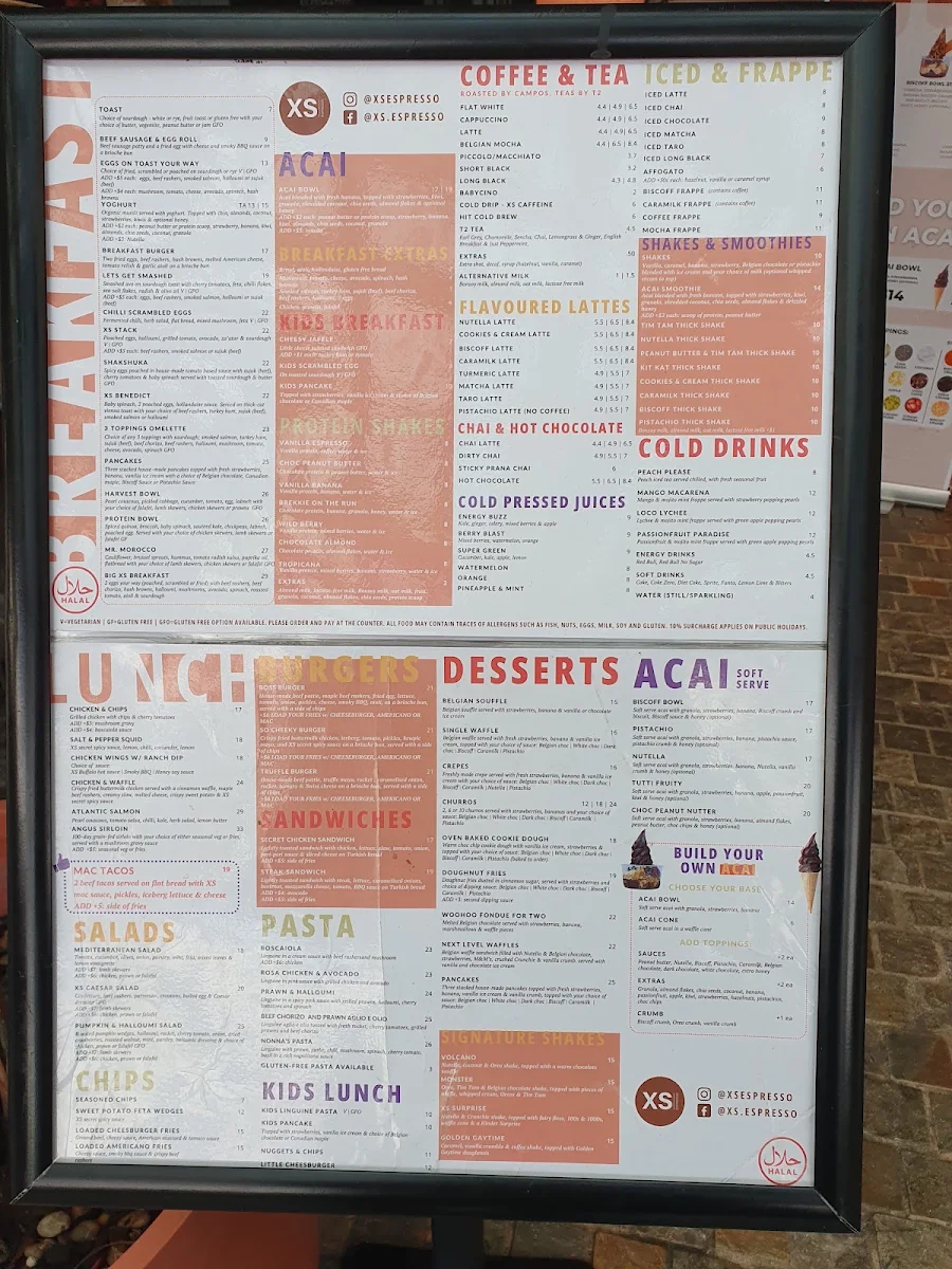 Menu, XS Espresso Chullora