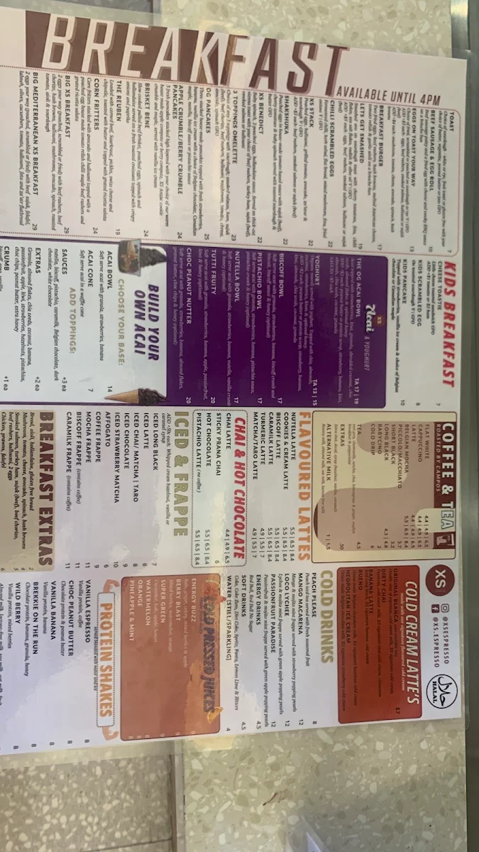 Menu, XS Espresso Chullora