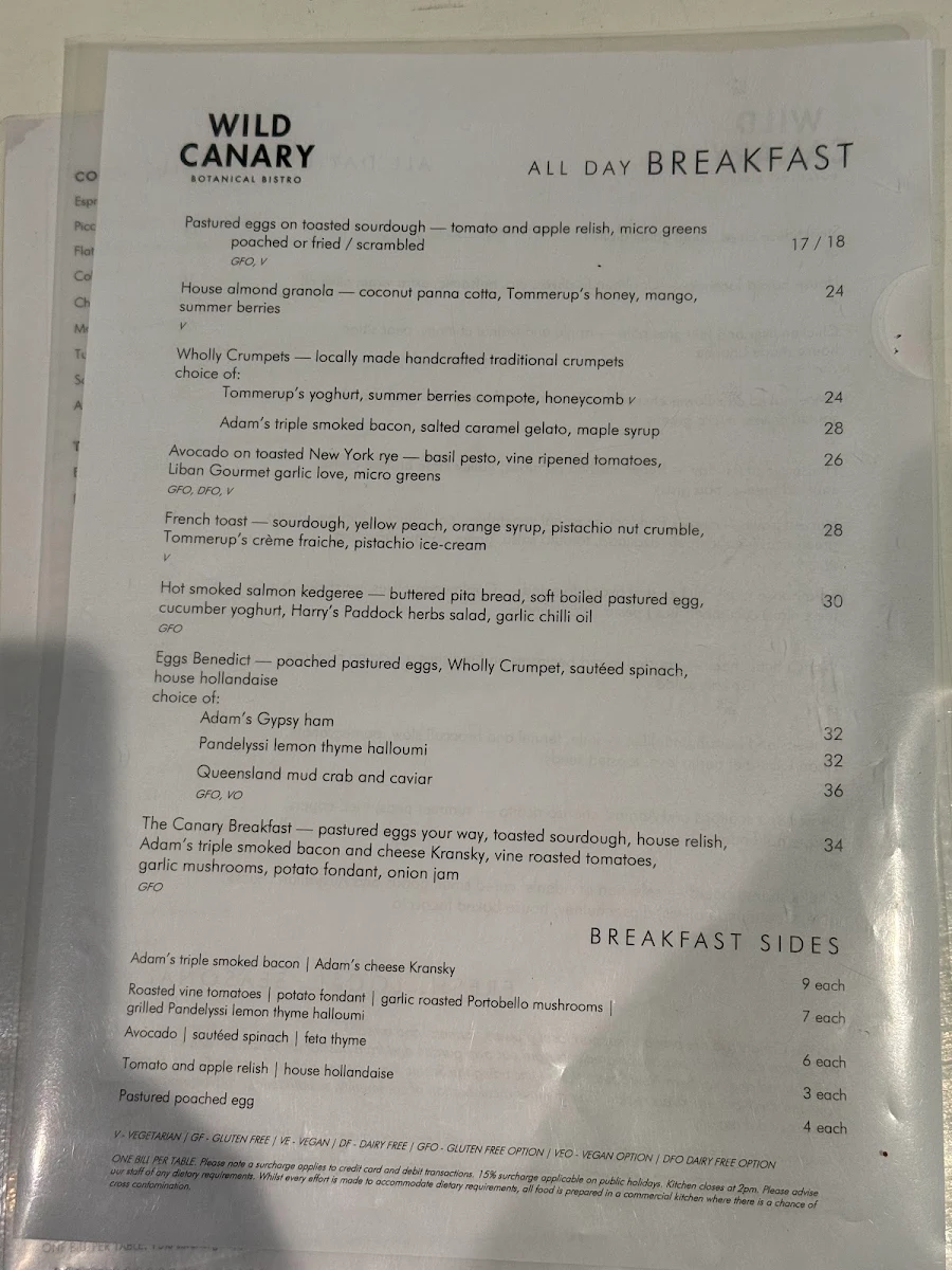 Menu, Wild Canary Bistro