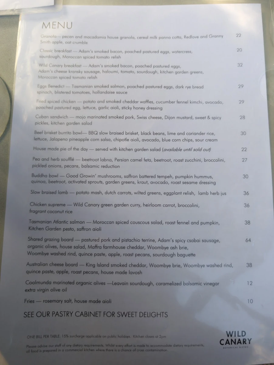 Menu, Wild Canary Bistro