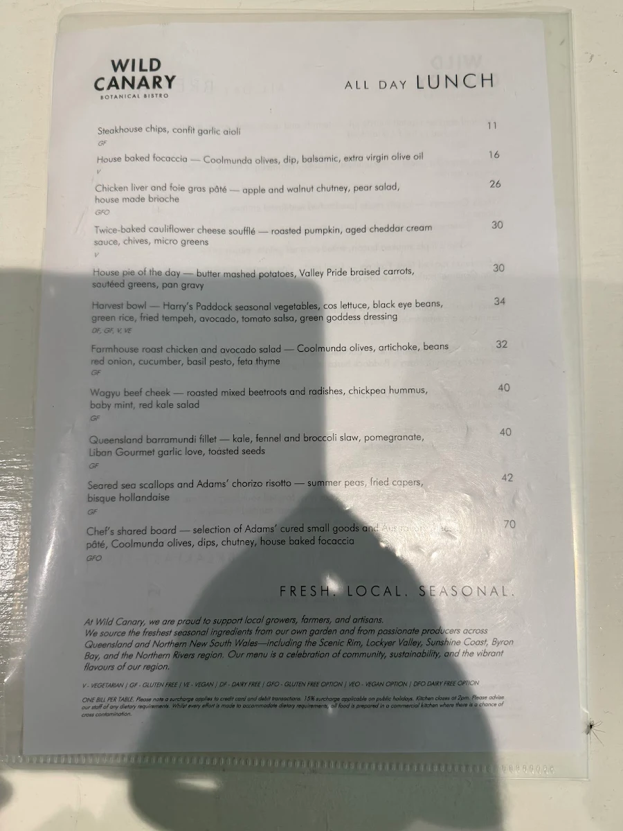 Menu, Wild Canary Bistro