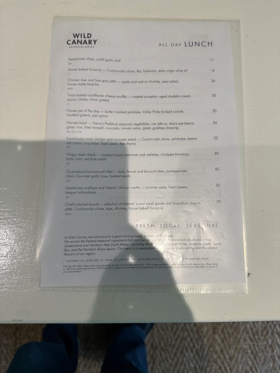 Menu, Wild Canary Bistro