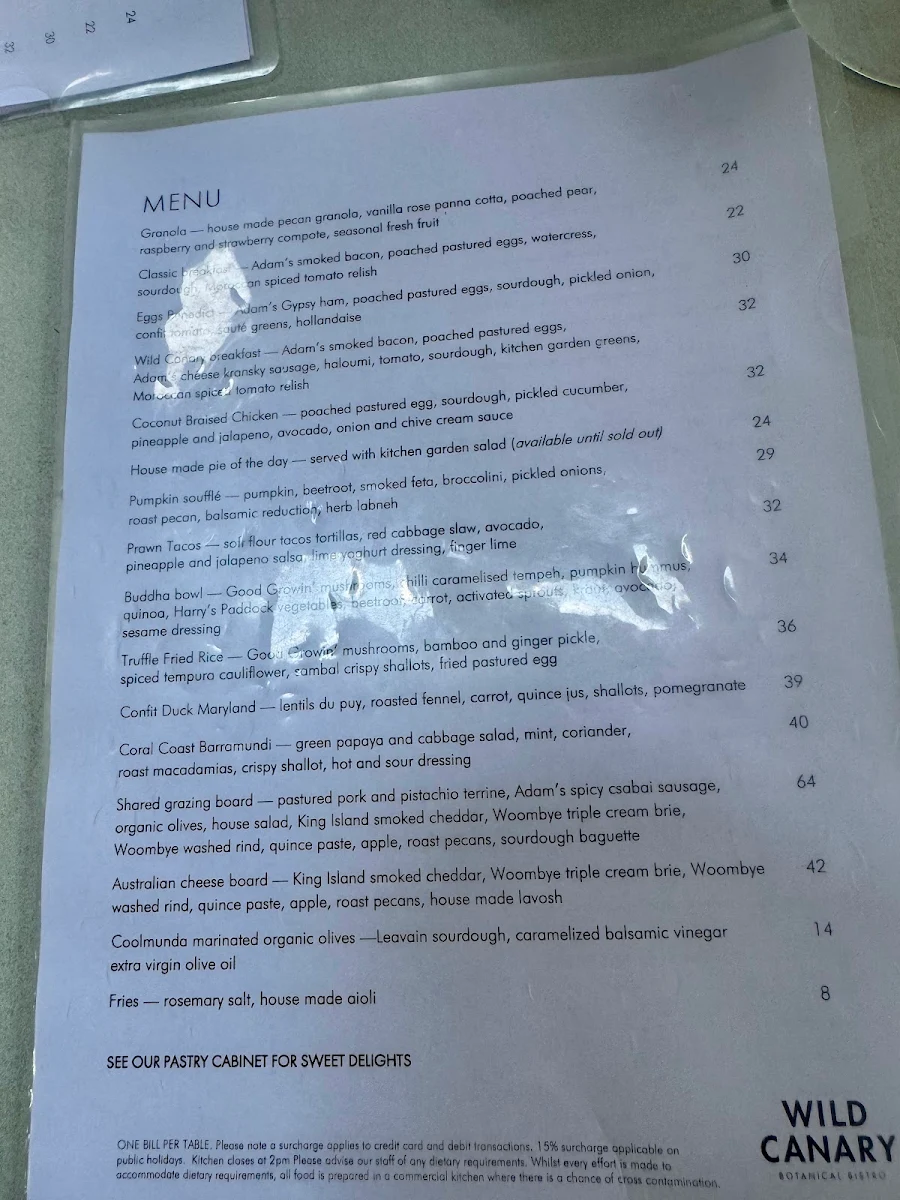 Menu, Wild Canary Bistro