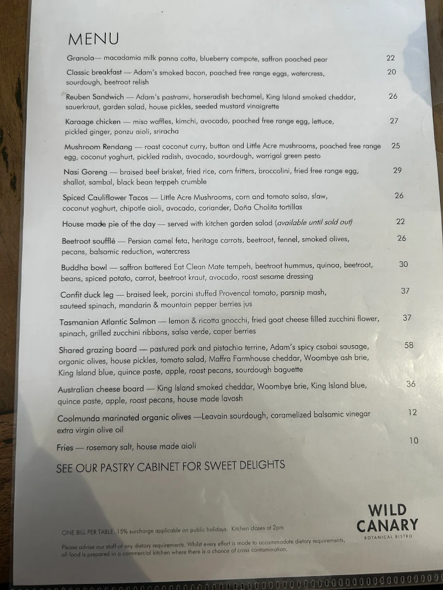Menu, Wild Canary Bistro