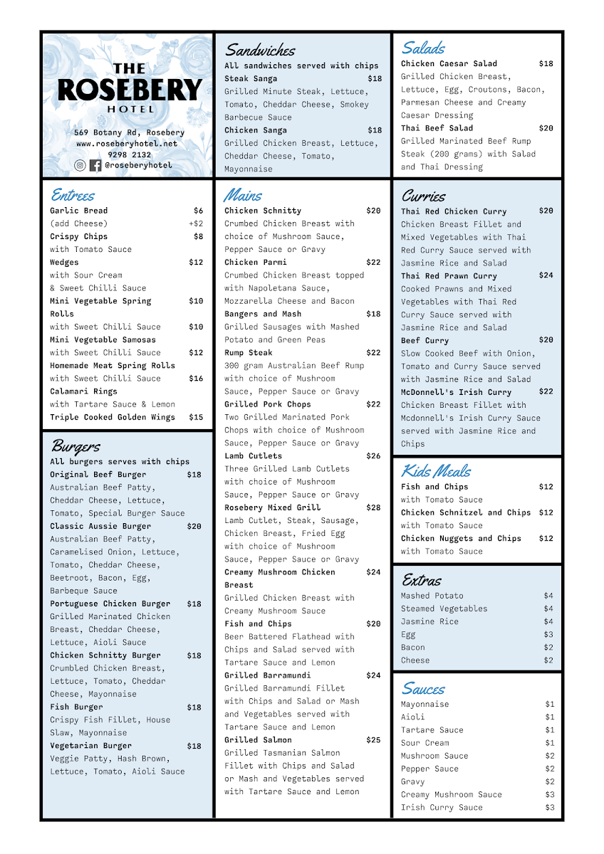 Menu, Rosebery Hotel