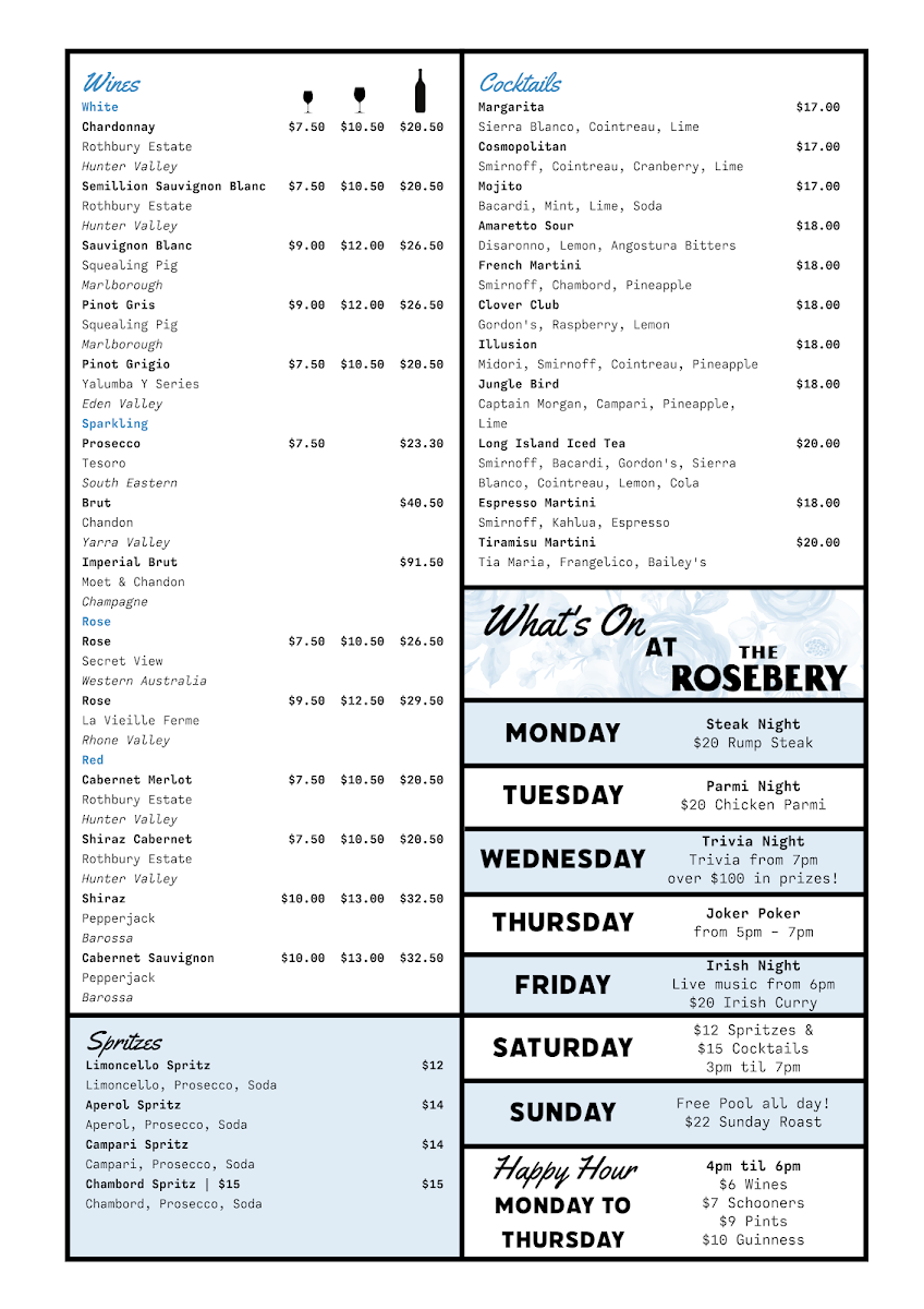 Menu, Rosebery Hotel