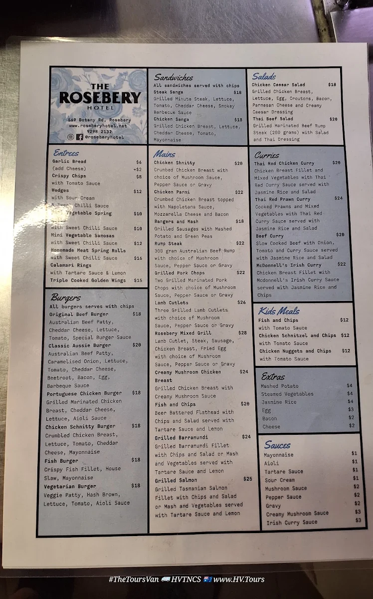 Menu, Rosebery Hotel