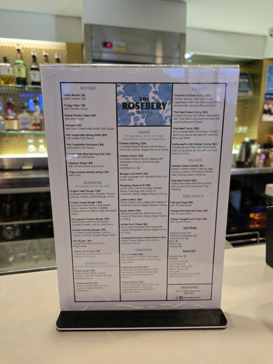 Menu, Rosebery Hotel