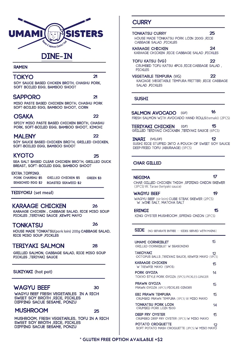 Menu, Umami Sisters