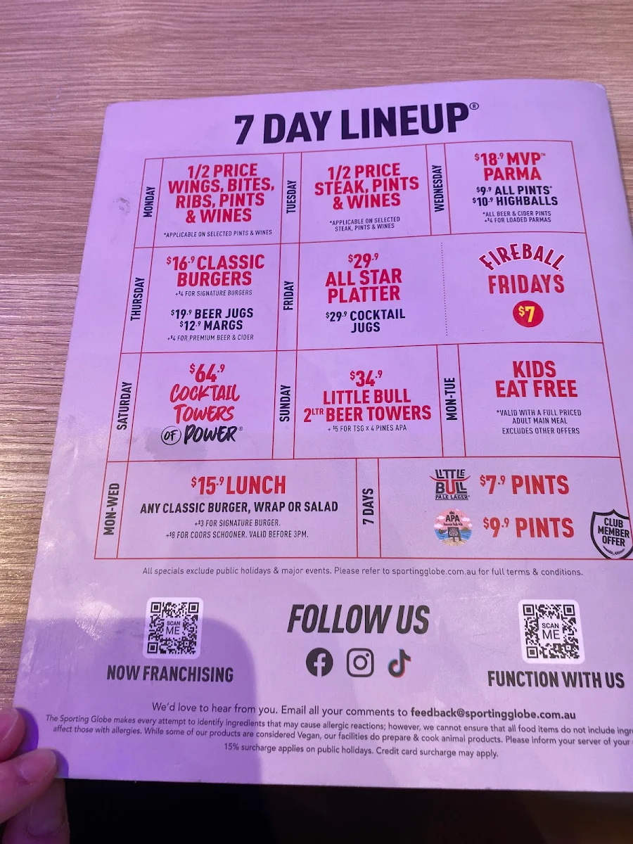 Menu, The Sporting Globe Bar & Grill Werribee