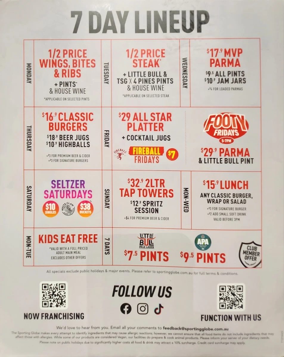 Menu, The Sporting Globe Bar & Grill Werribee