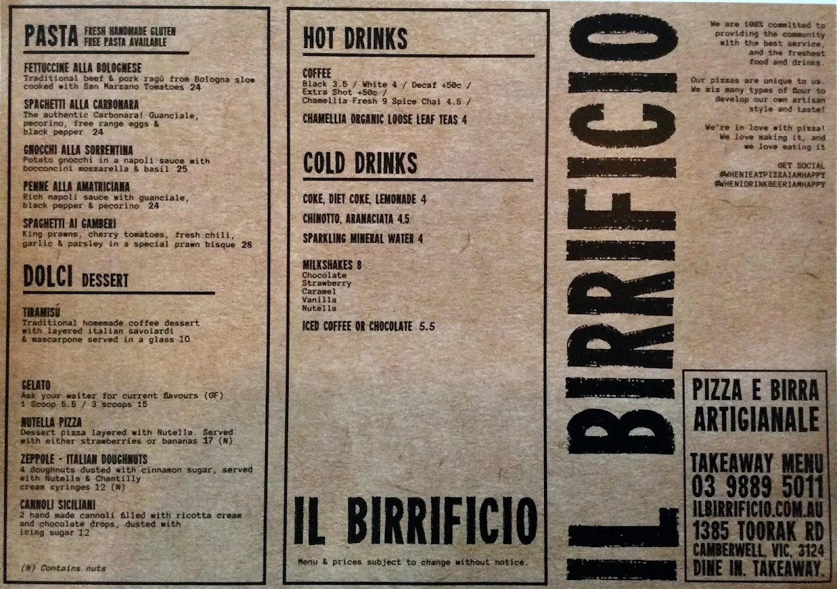 Menu, Il Birrificio Pizzeria