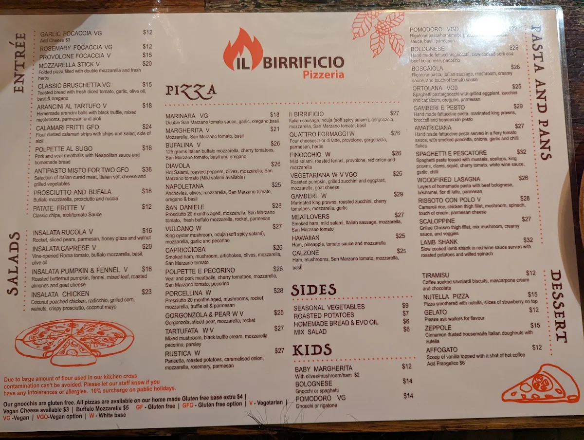 Menu, Il Birrificio Pizzeria