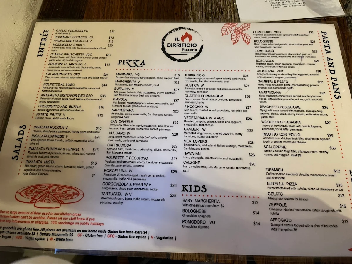 Menu, Il Birrificio Pizzeria
