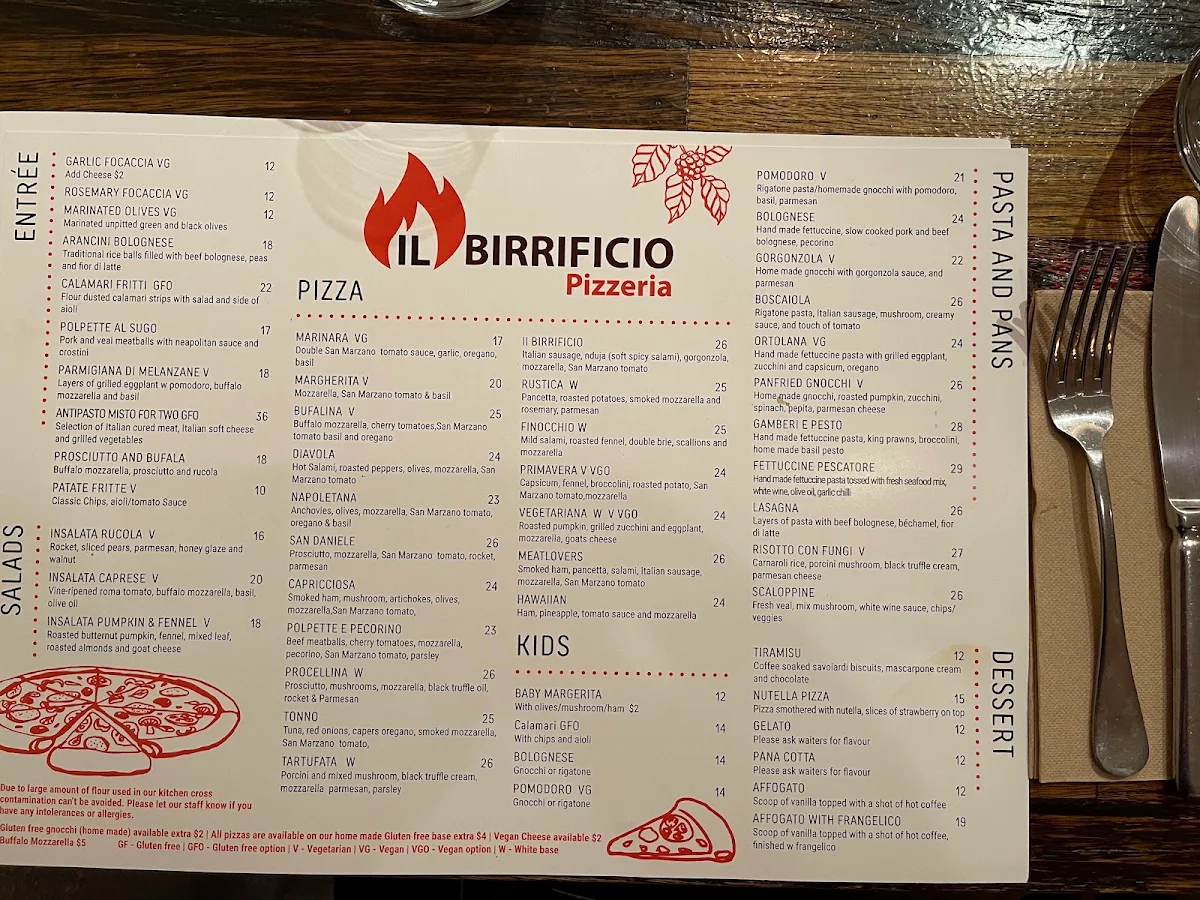 Menu, Il Birrificio Pizzeria