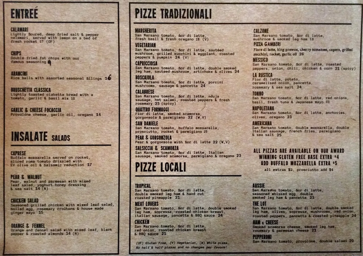 Menu, Il Birrificio Pizzeria