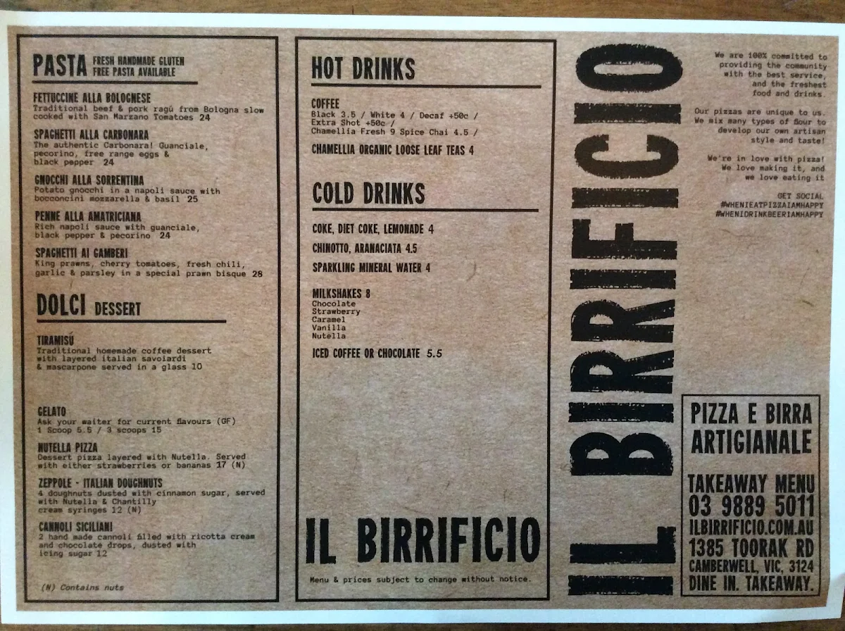 Menu, Il Birrificio Pizzeria
