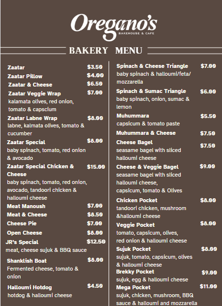 Menu, Oregano's Bakehouse & Cafe Wollert