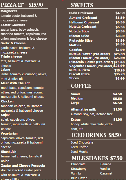 Menu, Oregano's Bakehouse & Cafe Wollert