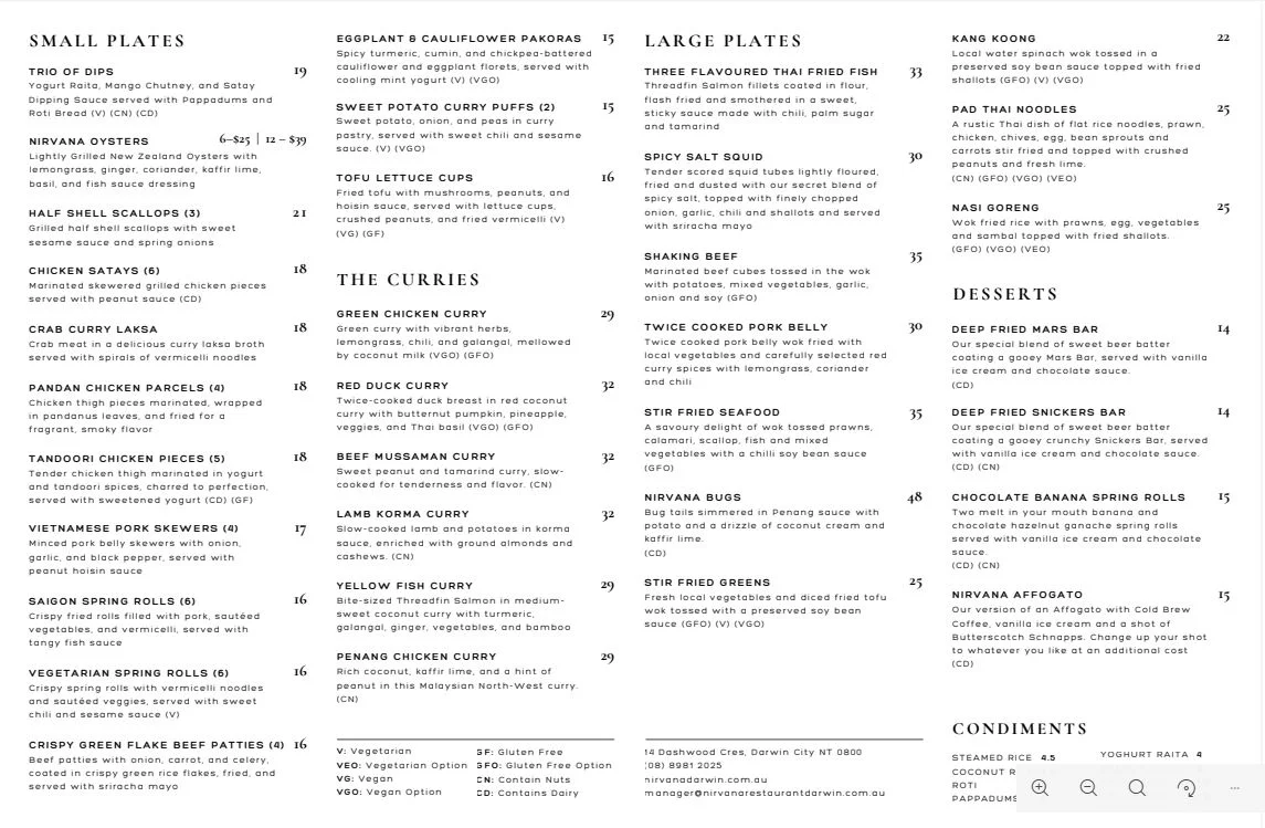 Menu, Nirvana Restaurant