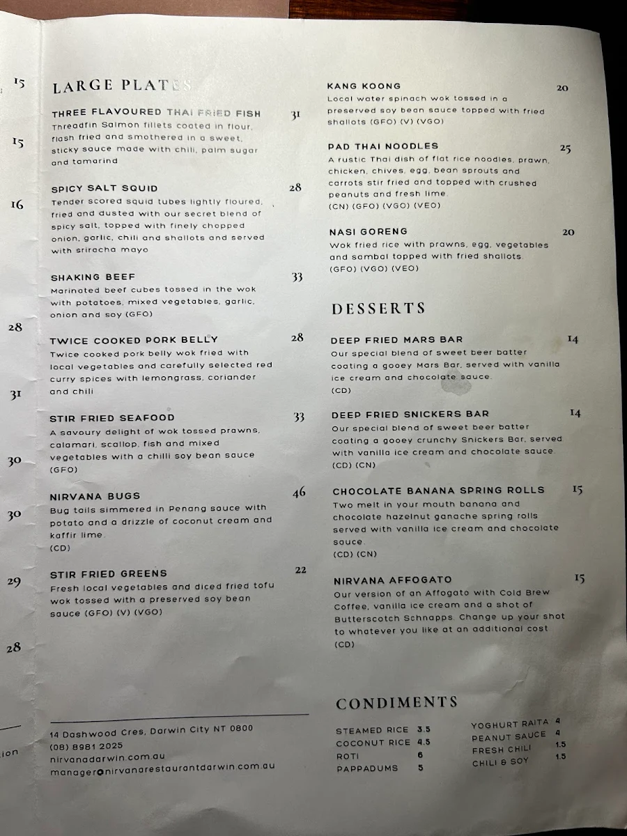 Menu, Nirvana Restaurant