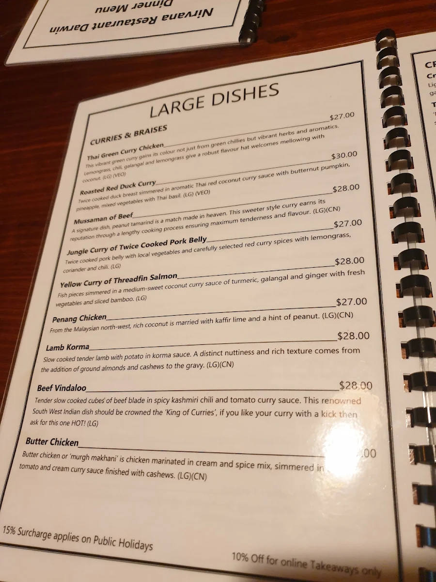 Menu, Nirvana Restaurant