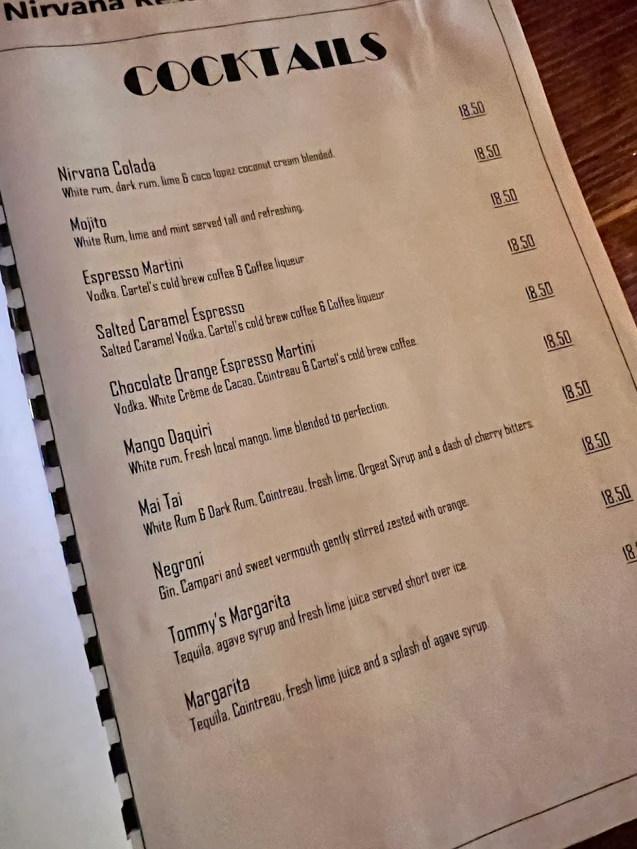 Menu, Nirvana Restaurant