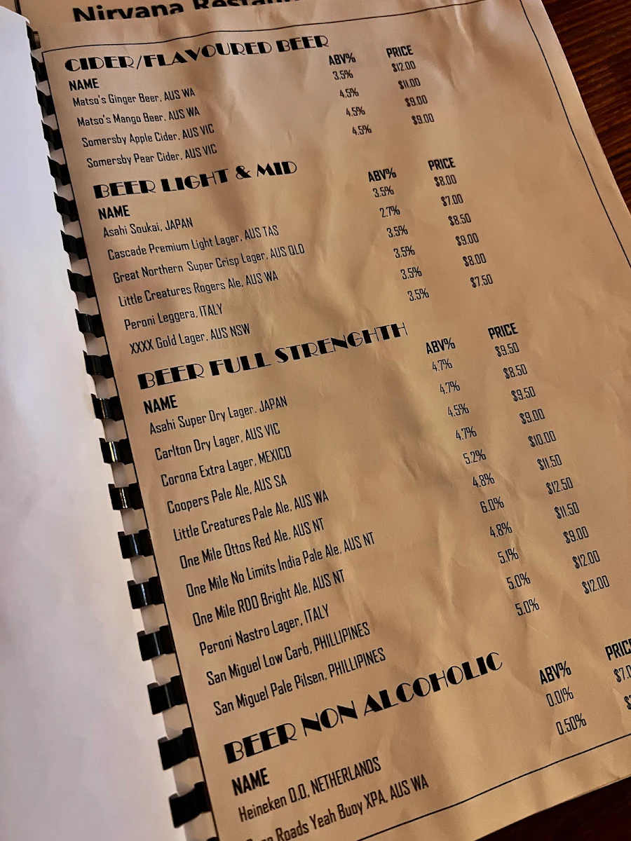 Menu, Nirvana Restaurant