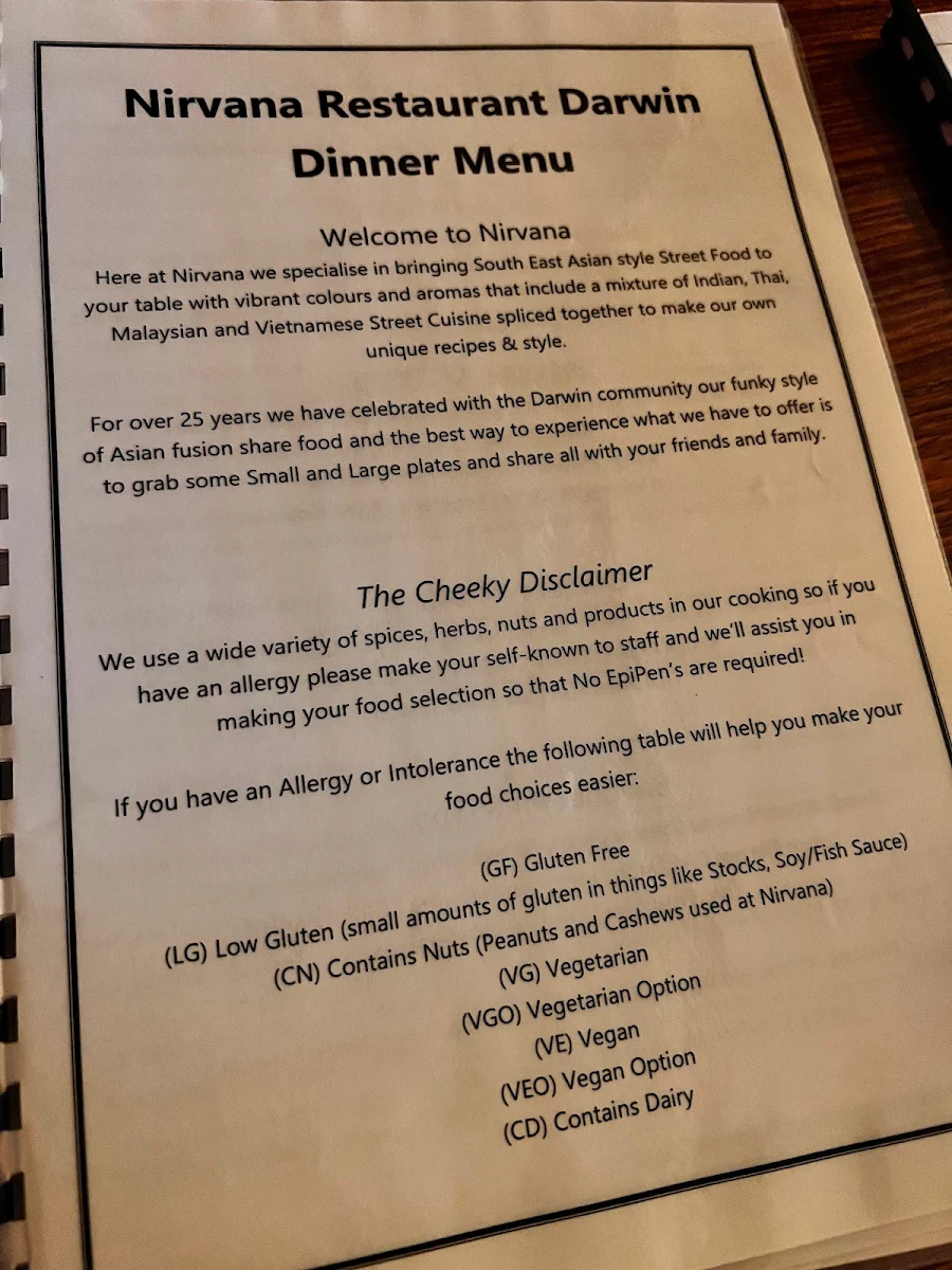 Menu, Nirvana Restaurant