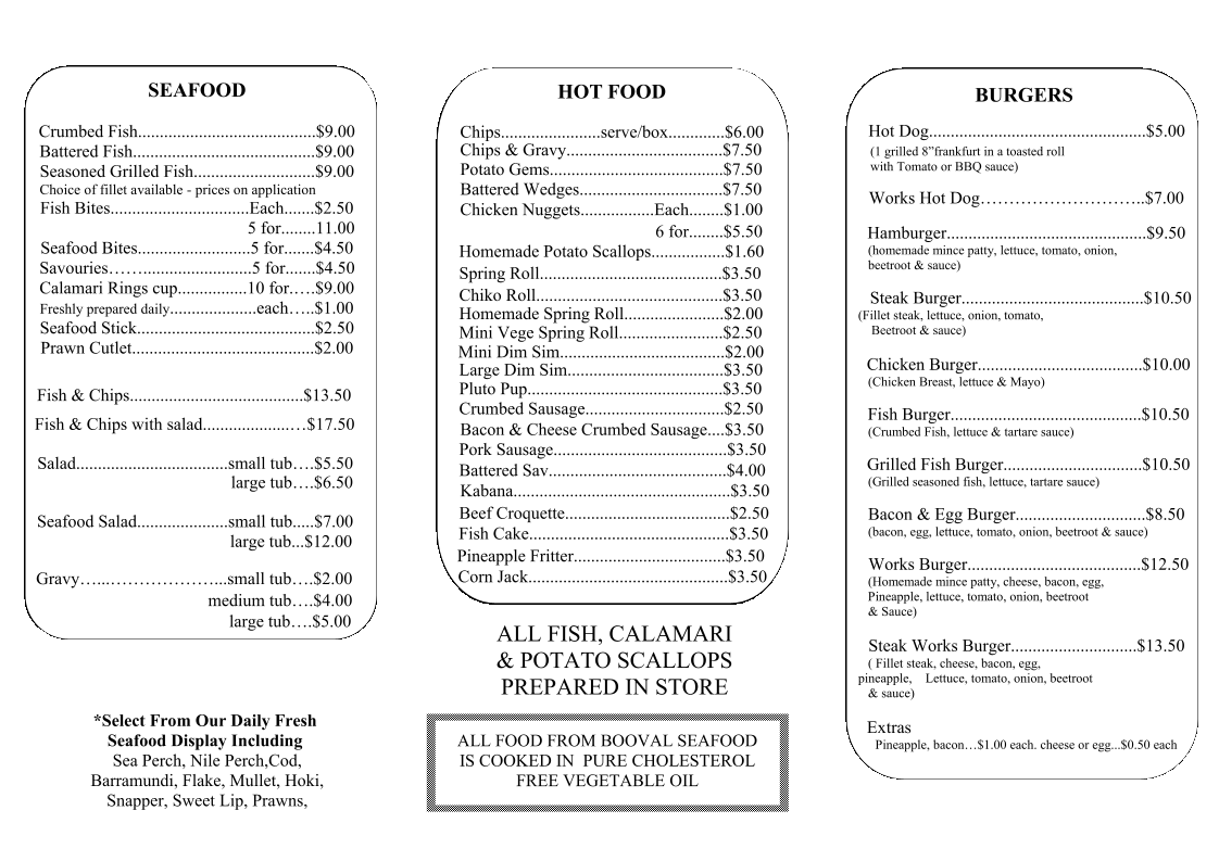 Menu, Booval Seafood