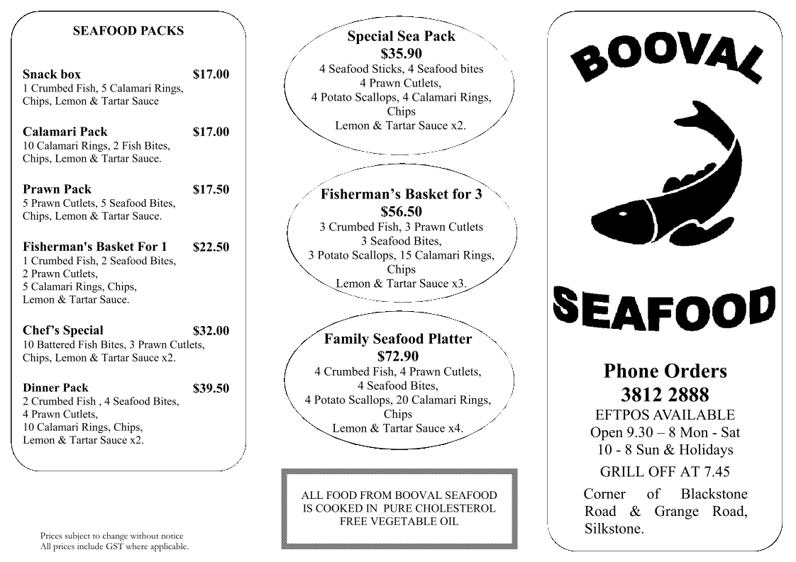 Menu, Booval Seafood