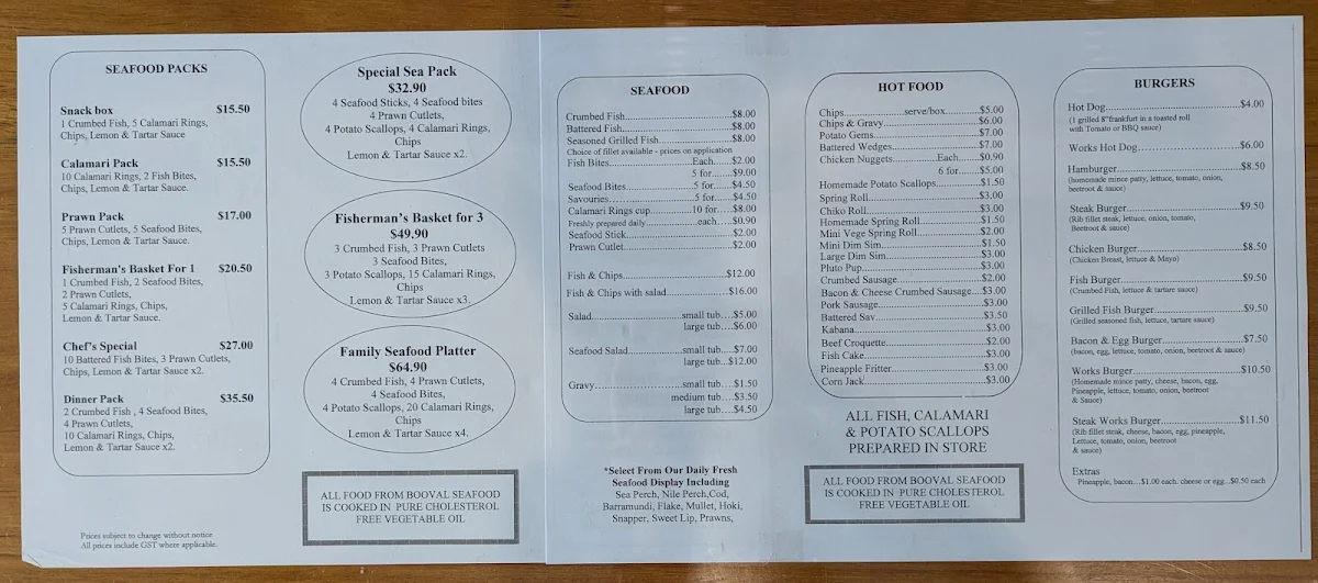Menu, Booval Seafood