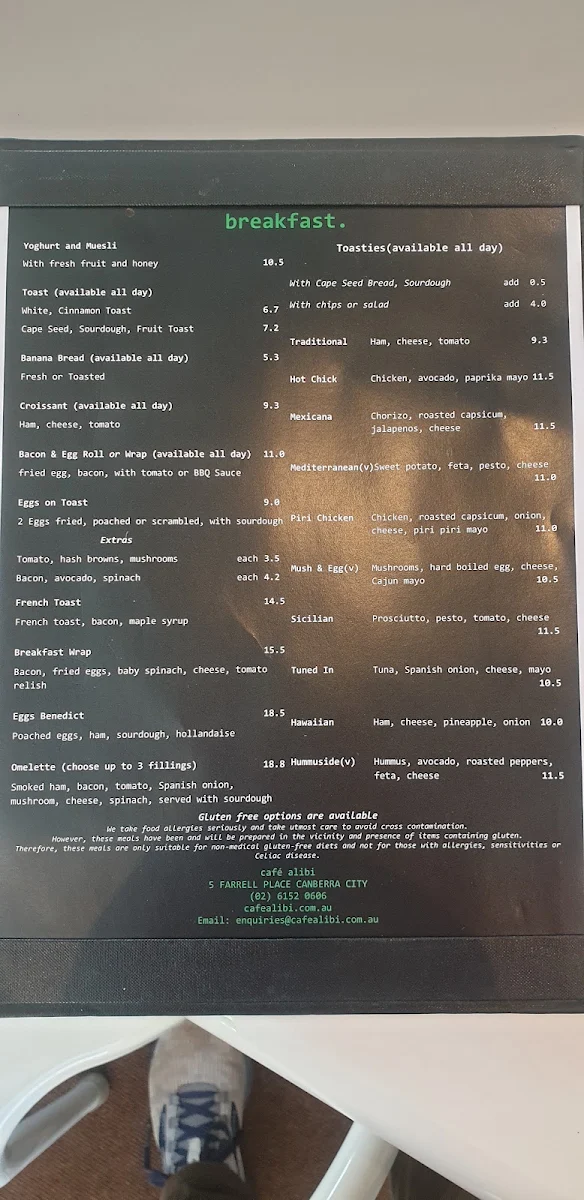 Menu, Cafe Alibi