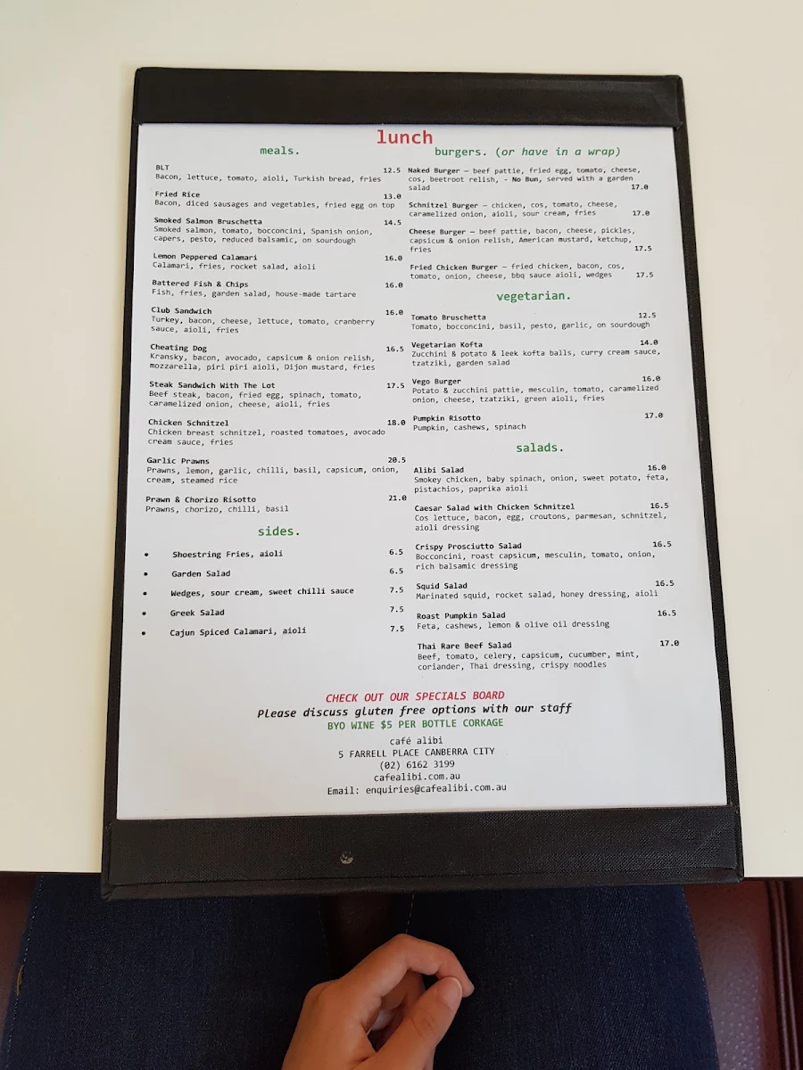 Menu, Cafe Alibi