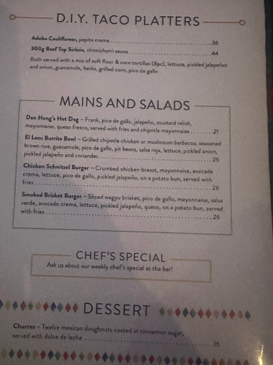 Menu, El Loco at Excelsior
