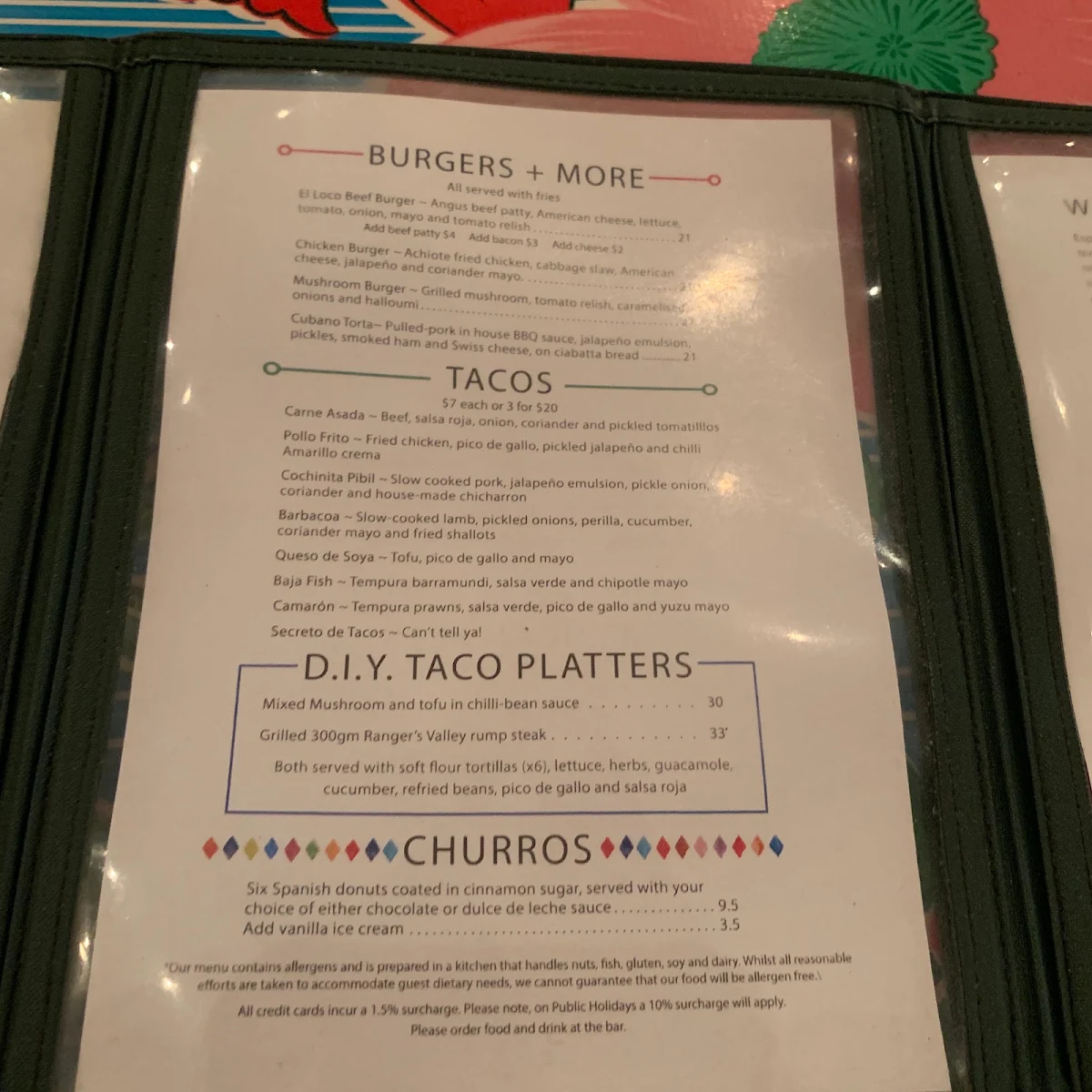 Menu, El Loco at Excelsior