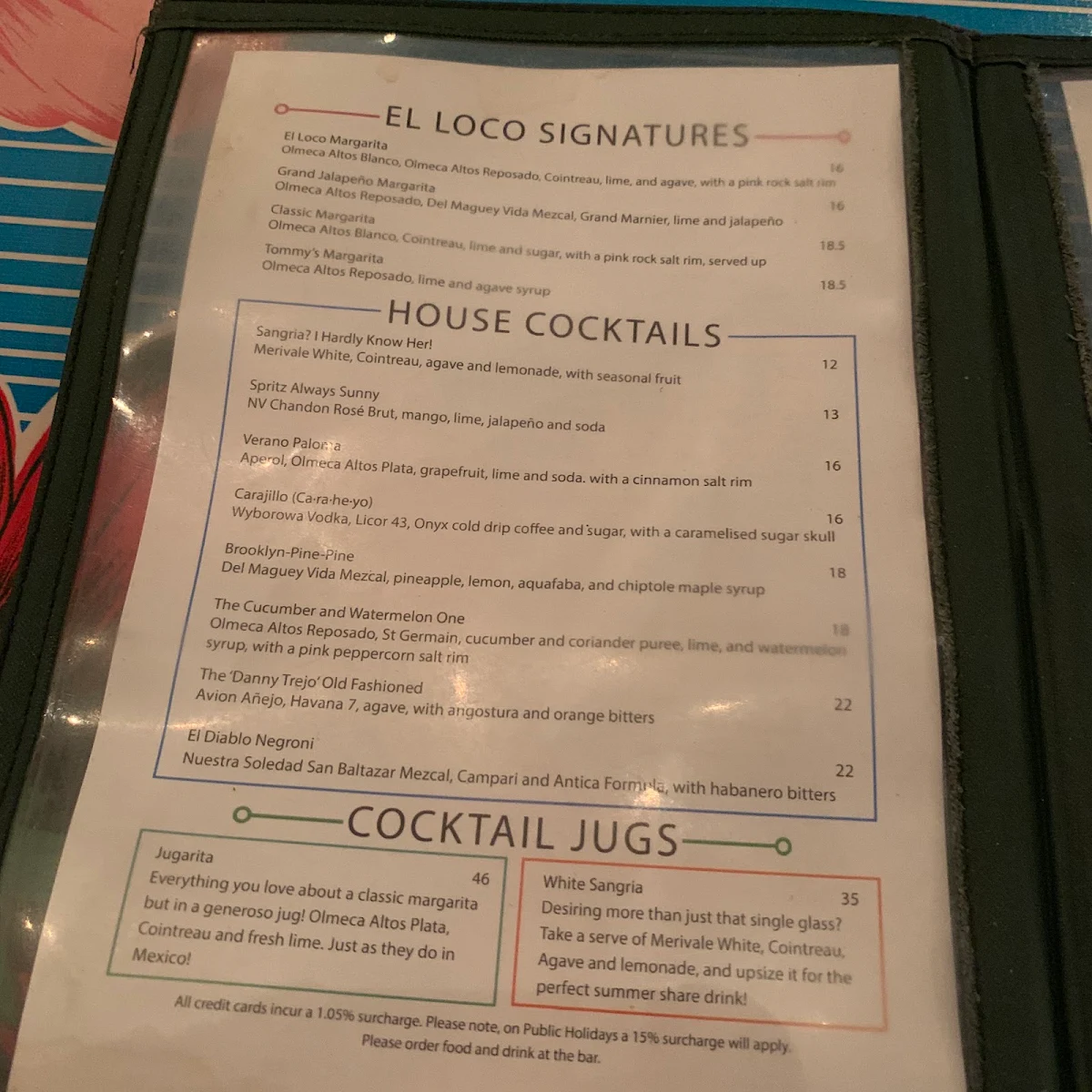 Menu, El Loco at Excelsior