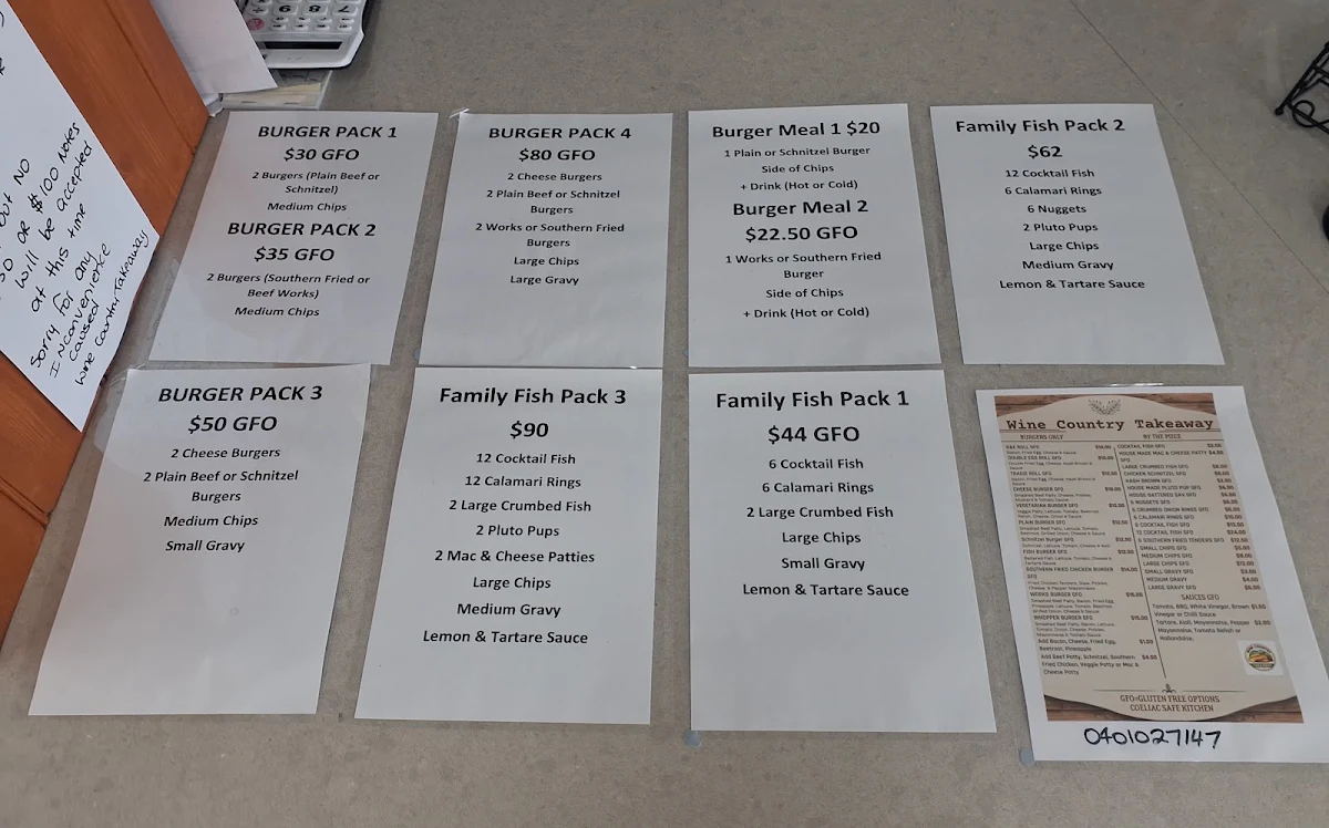 Menu, Wine Country Takeaway