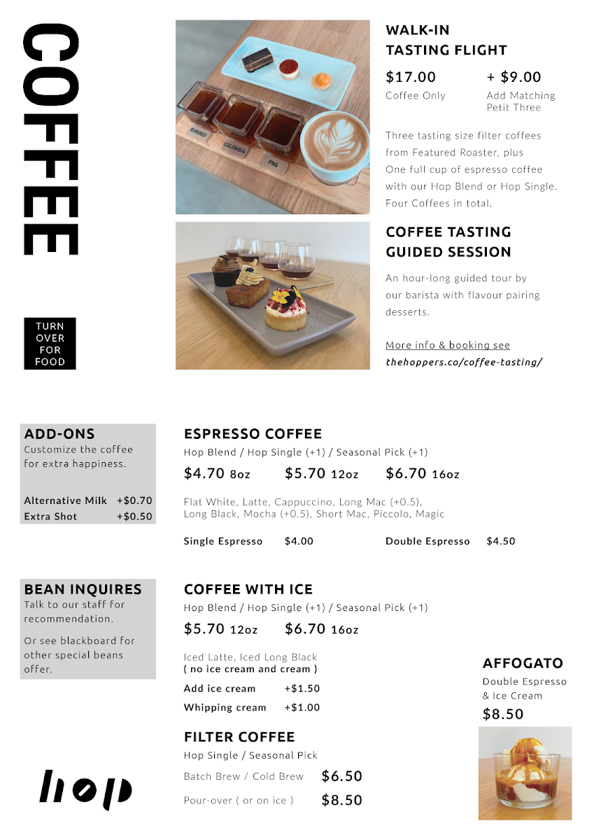 Menu, Hop Café