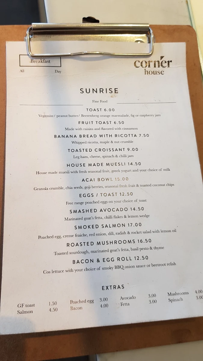 Menu, Corner House Newcastle