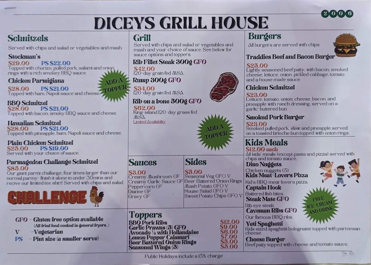 Menu, Dicey's Bar And Grill