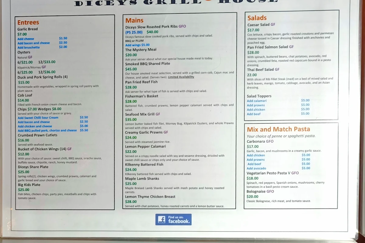 Menu, Dicey's Bar And Grill