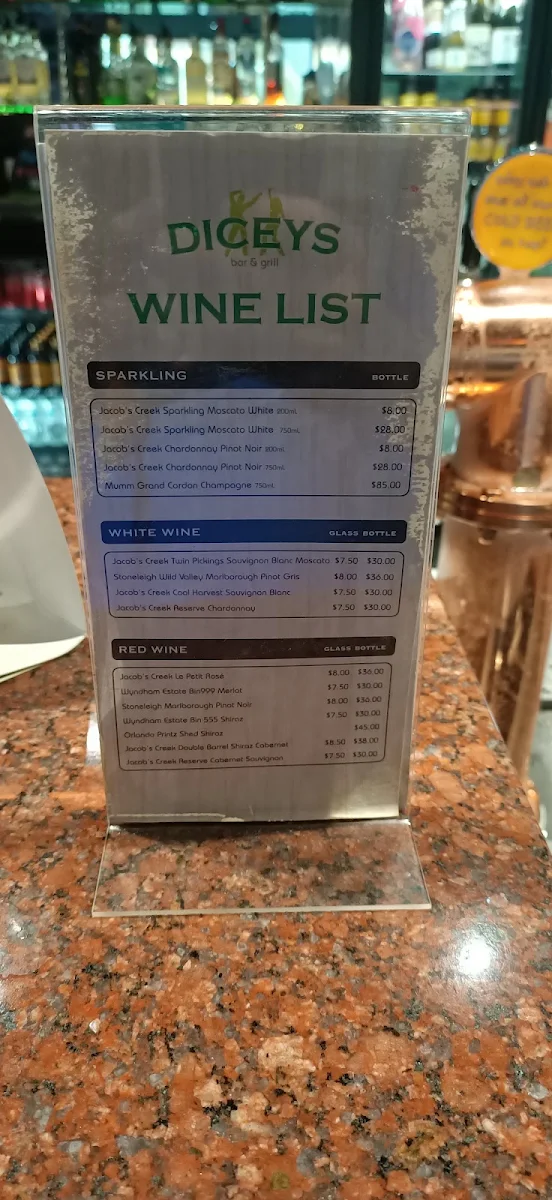 Menu, Dicey's Bar And Grill