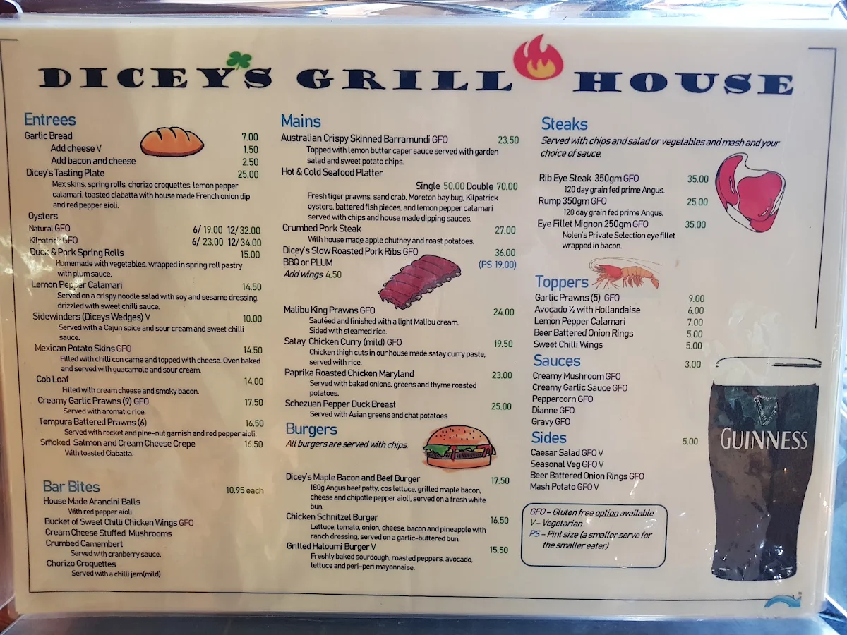 Menu, Dicey's Bar And Grill