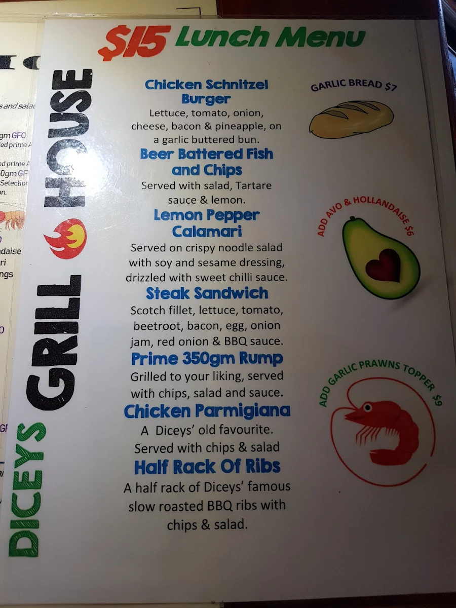 Menu, Dicey's Bar And Grill