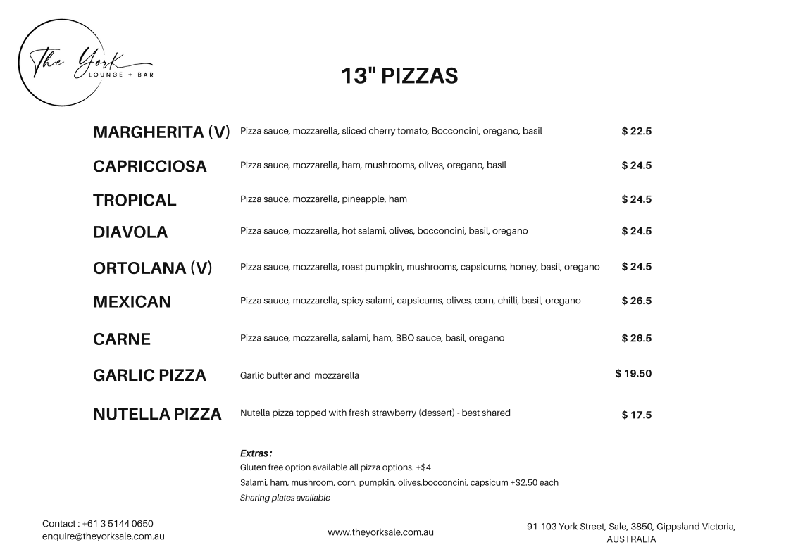Menu, The York Lounge & Bar