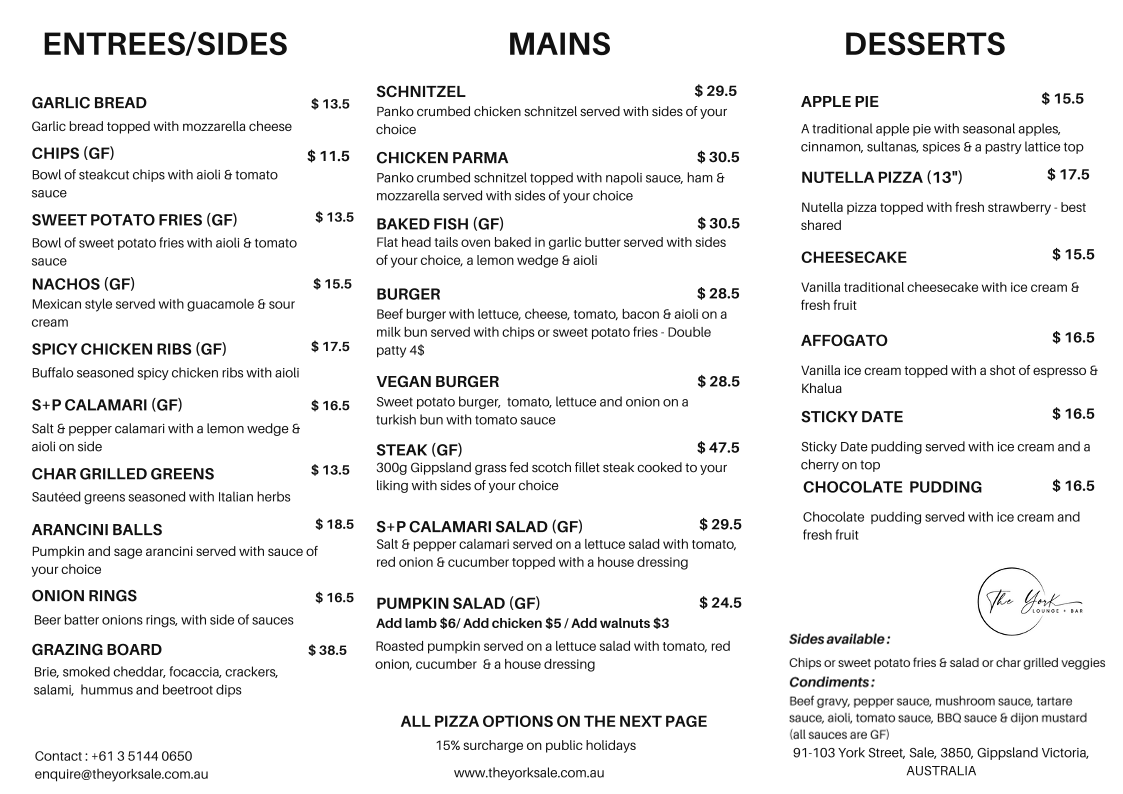 Menu, The York Lounge & Bar