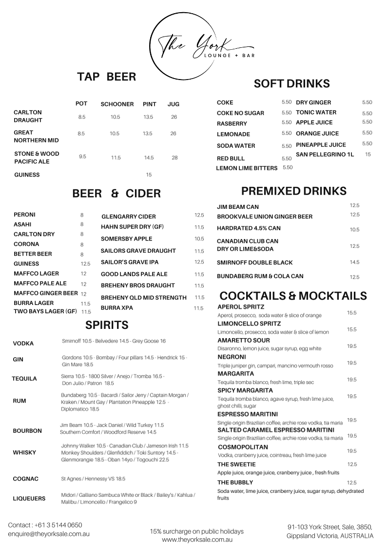 Menu, The York Lounge & Bar