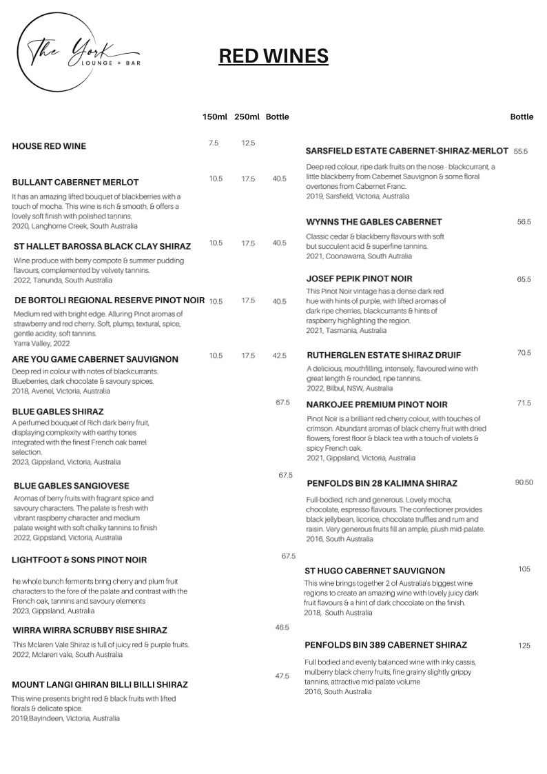 Menu, The York Lounge & Bar