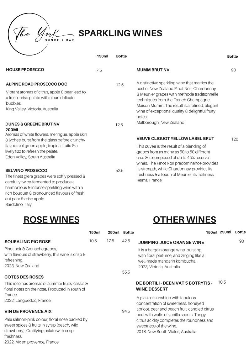 Menu, The York Lounge & Bar